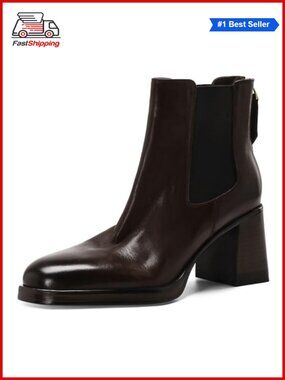 Genuine Leather Ankle Boots Round Toe Elastic Slip-On Block Heel
